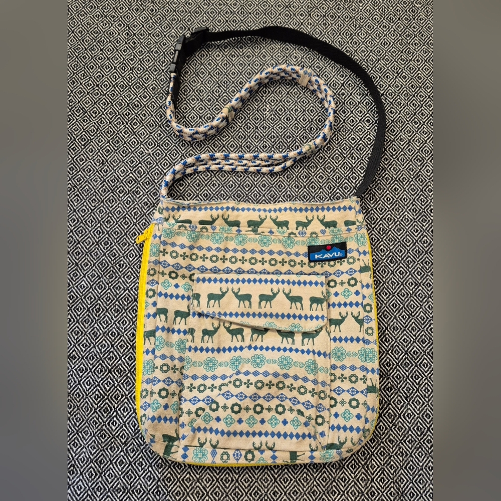 KAVU Deer Print Crossbody Bag in Beige, Teal & Blue
